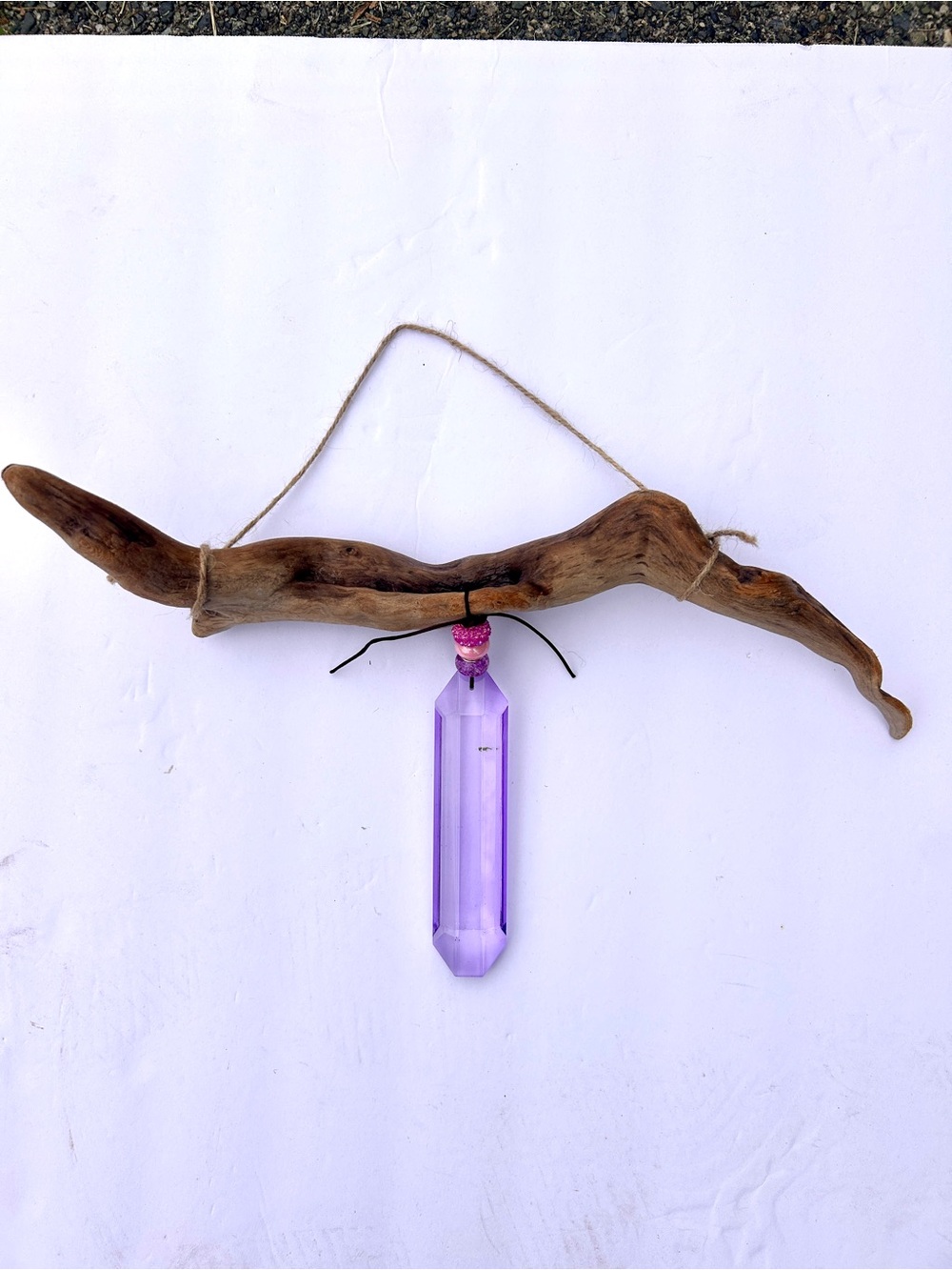 Driftwood Hanging with Purple Crystal Pendant/Handcrafted